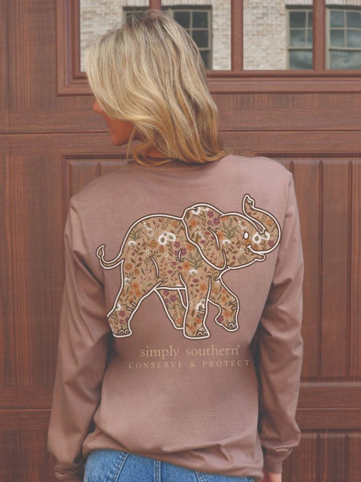 SIMPLY SOUTHERN LONG SLEEVE ELEPHANT TRACKER SHIRT - MOCHA