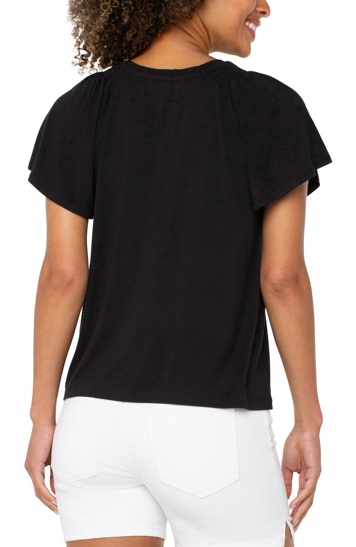 SHORT FLUTTER SLEEVE V-NECK KNIT TOP - BLACK