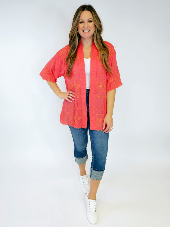 SHORT SLEEVE EMBROIDERED CARDIGAN - CORAL