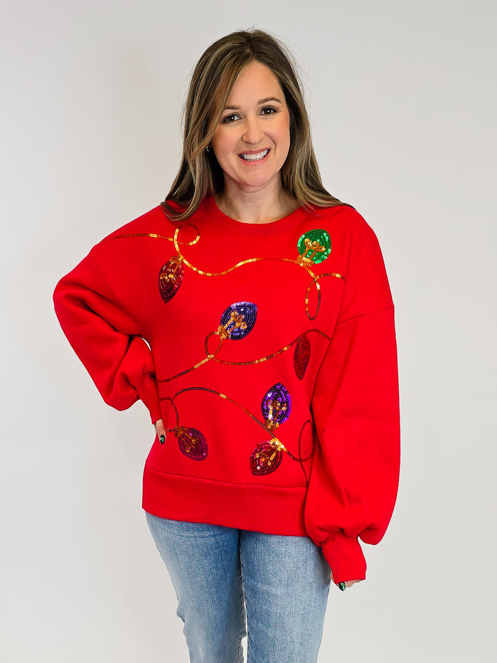 SEQUIN CHRISTMAS LIGHTS SWEATSHIRT - RED