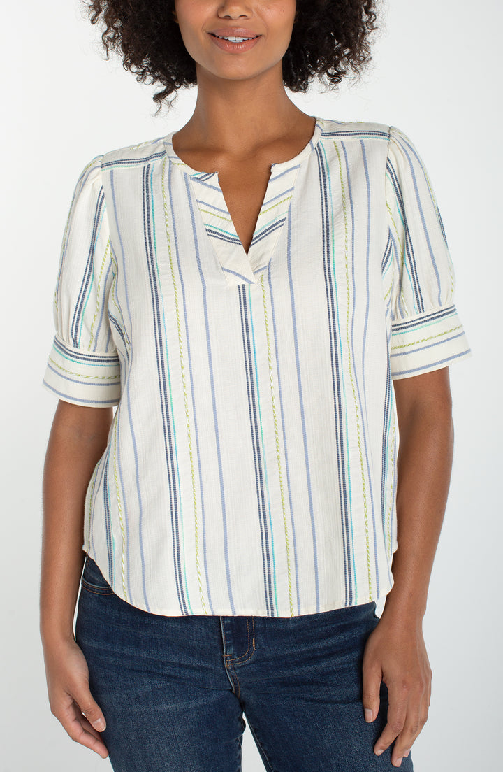 SHORT SLEEVE POPOVER WOVEN TOP - CREAM/BLUE MIST