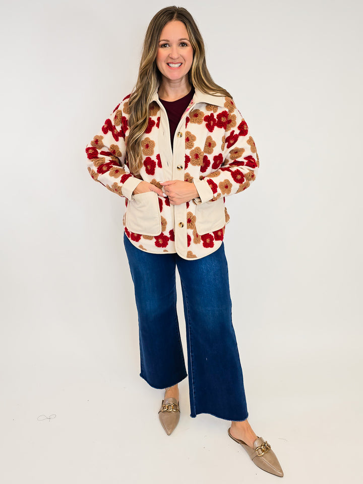 3D FLORAL BUTTON UP JACKET - RUST
