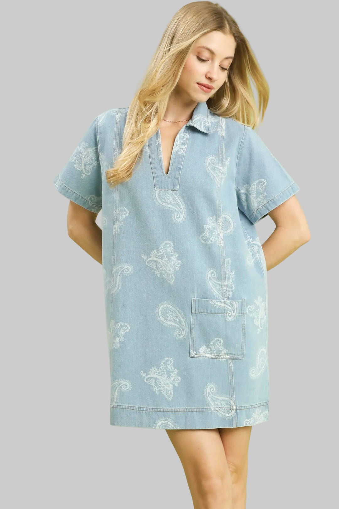 POINT COLLARED SLIT NECK DENIM TUNIC SHORT DRESS
