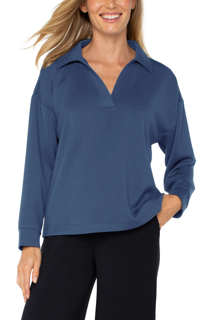 V-NECK COLLARED PULLOVER - PRUSSIAN BLUE