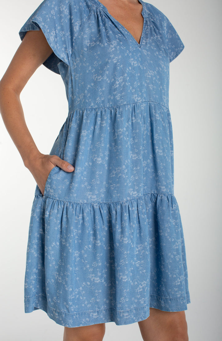 TIERED FLUTTER SLEEVE SHORT DRESS - INDIGO ROSES
