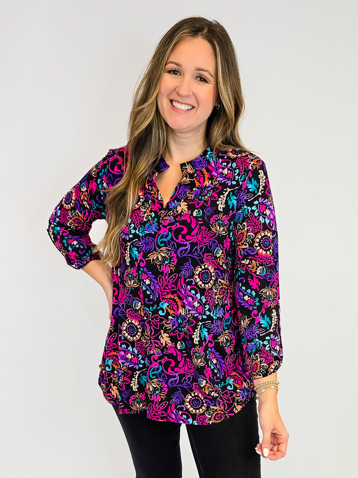 DEAR SCARLETT LIZZY 3/4 SLEEVE TOP - FLORAL PAISLEY FUCHSIA/BLACK