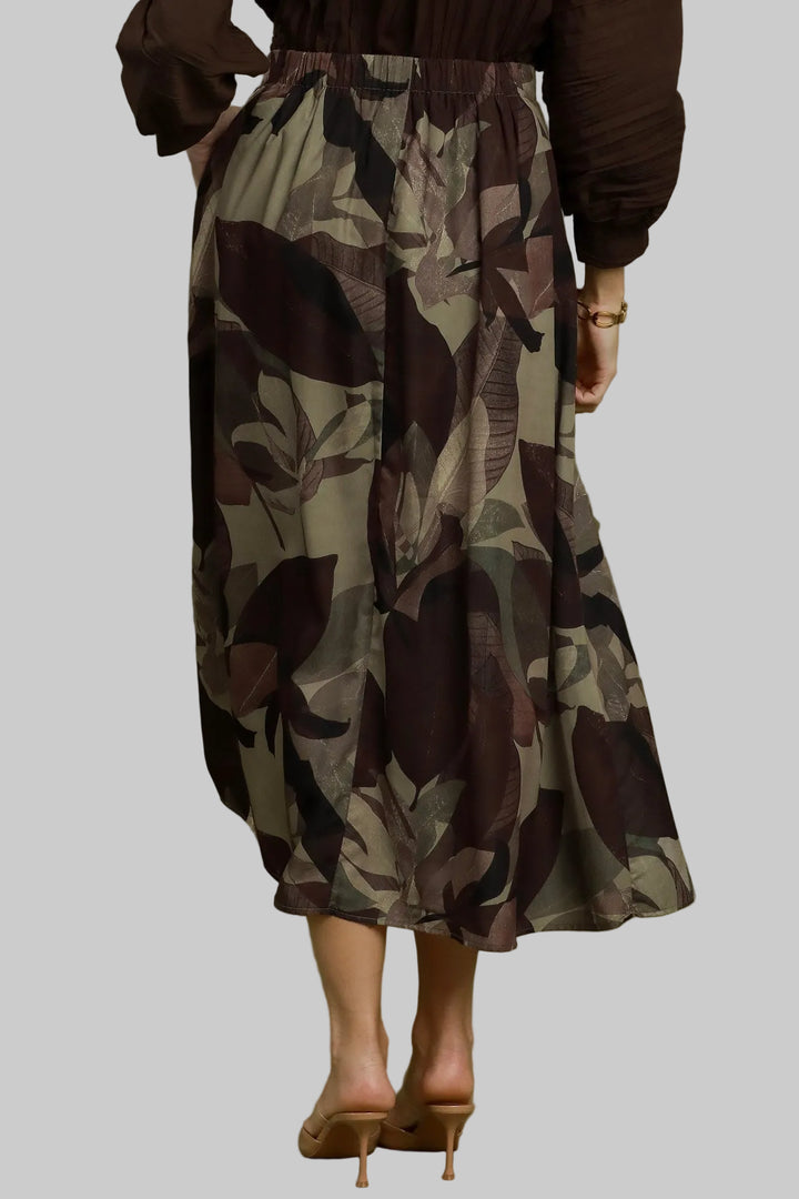 LEAFY PRINT FLOWY MAXI SKIRT - BROWN