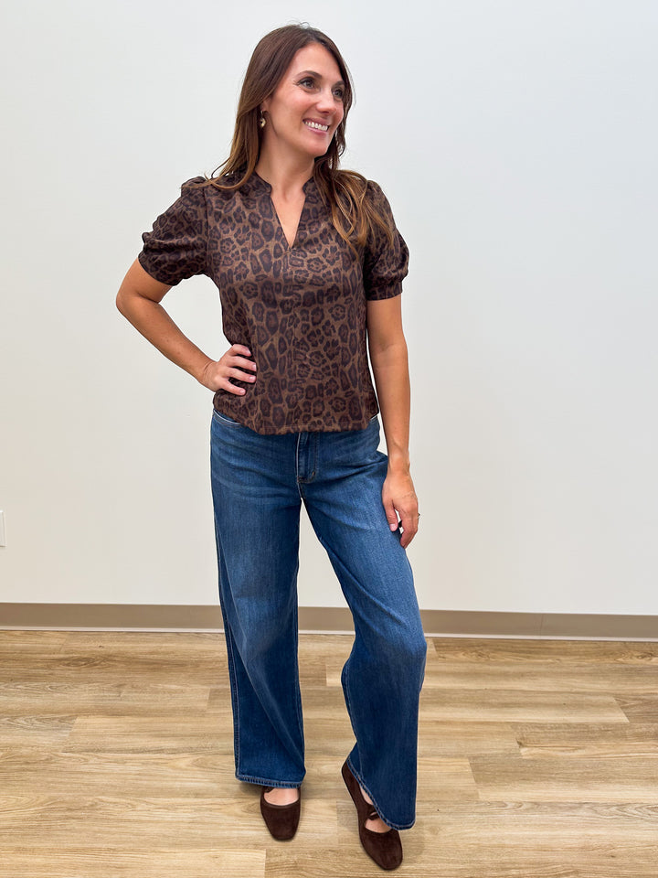 SHORT SLEEVE V-NECK SOFT SUEDE TOP - BROWN
