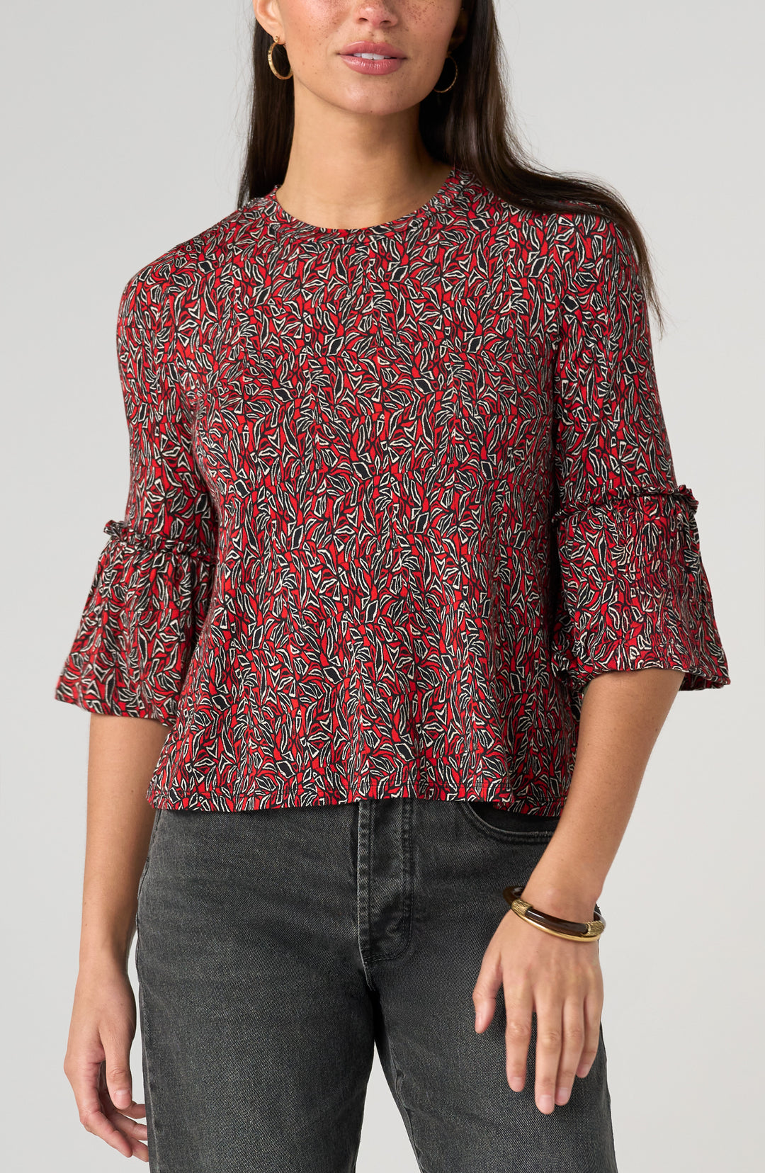 HALF SLEEVE JEWEL NECK FLARED KNIT TOP - RED/BLACK MULTI