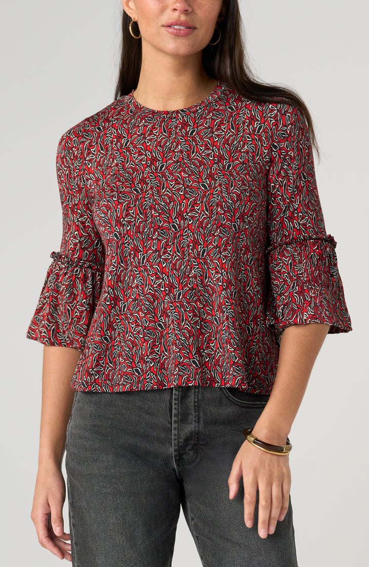 HALF SLEEVE JEWEL NECK FLARED KNIT TOP - RED/BLACK MULTI