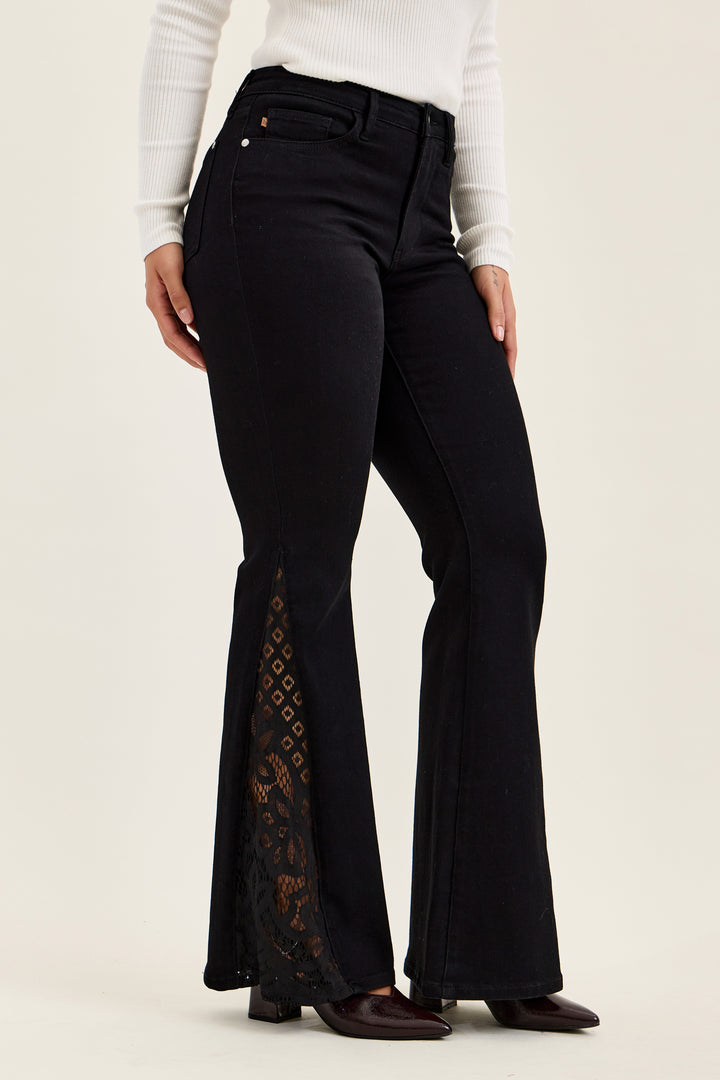 JUDY BLUE MR JAQUELINE LACE HEM FLARE JEANS - 33" INSEAM - BLACK SHADOW