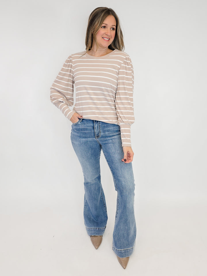 PUFF LONG SLEEVE STRIPED TOP - TAUPE