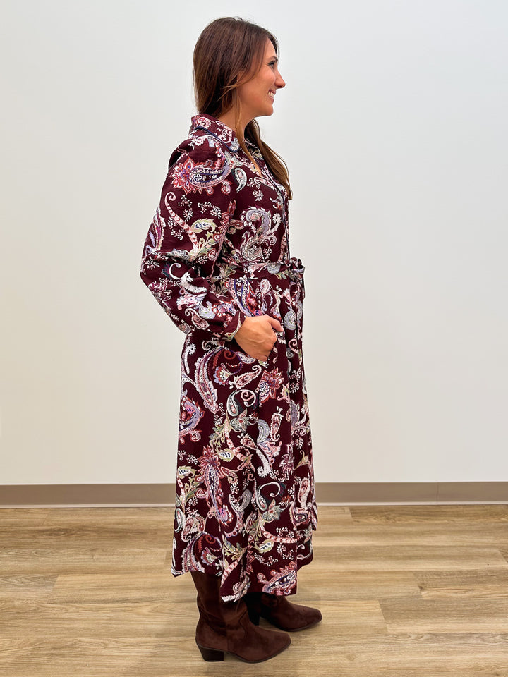 L/S PAISLEY BUTTON DOWN BELTED MIDI DRESS - MERLOT