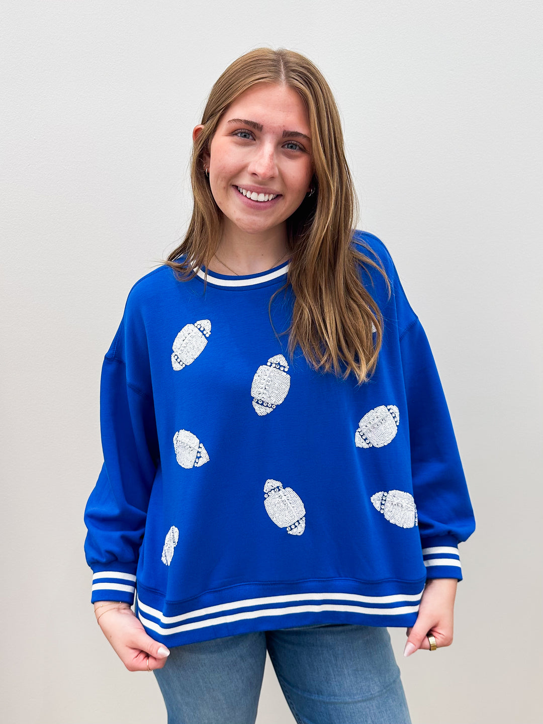 L/S MILLIE FOOTBALL SEQUIN SWEATSHIRT - BLUE/WHITE