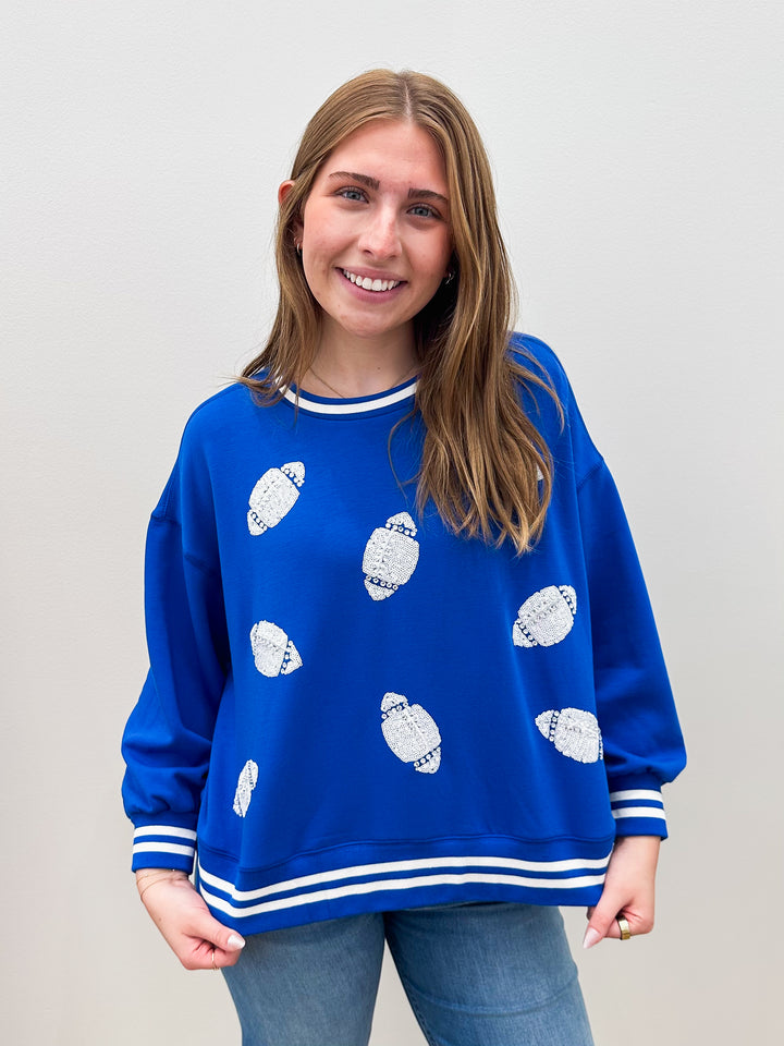 L/S MILLIE FOOTBALL SEQUIN SWEATSHIRT - BLUE/WHITE