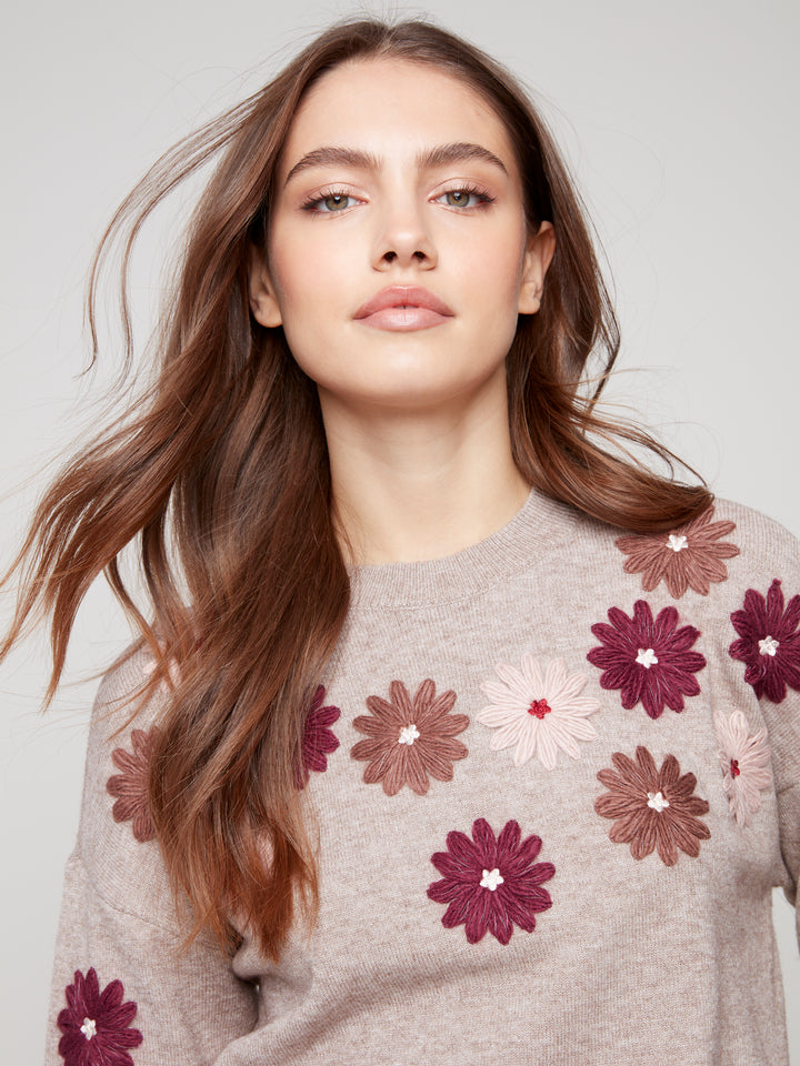 FLORAL EMBROIDERED CREW NECK SWEATER - HEATHER TAUPE