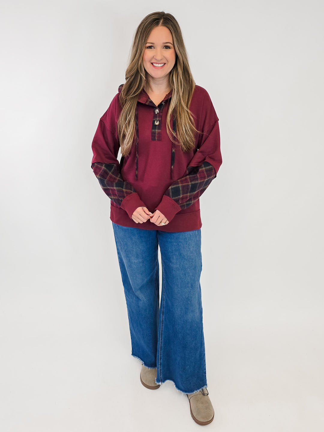 PLAID CONTRAST TERRY MIXED HOODIE - BURGUNDY