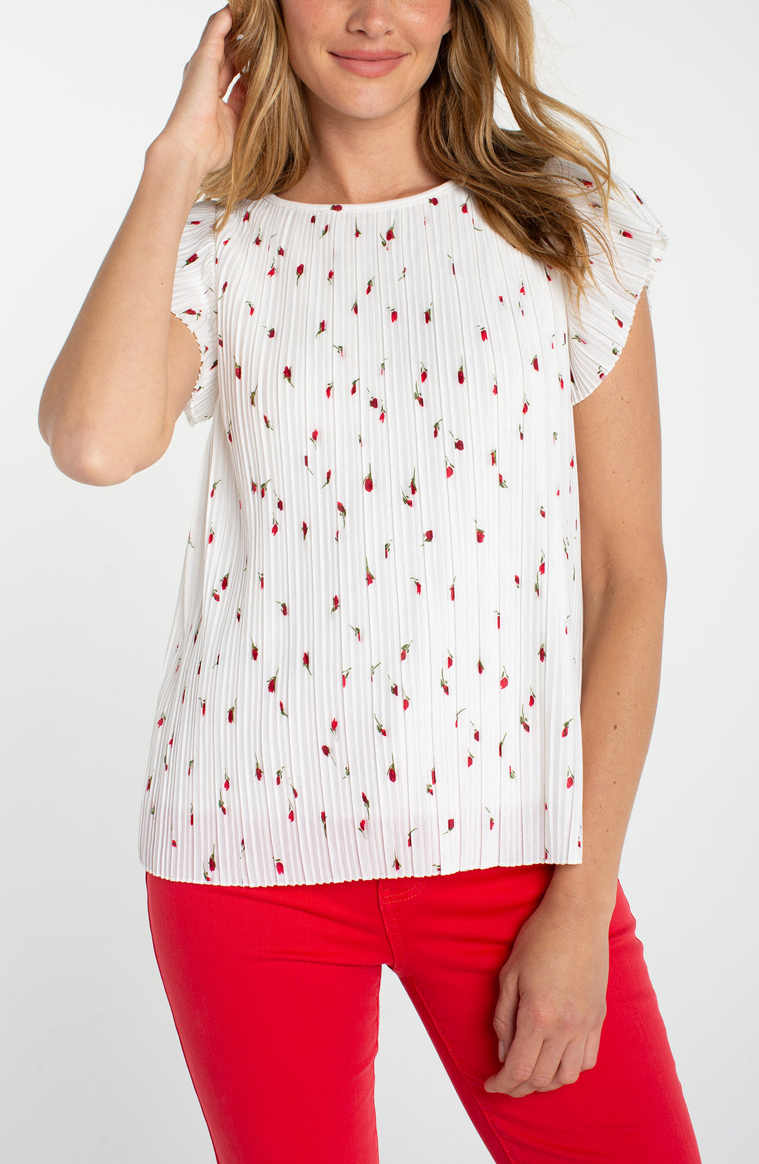 FLUTTER SLEEVE BOAT NECK KNIT TOP - WHITE/RED FLORAL
