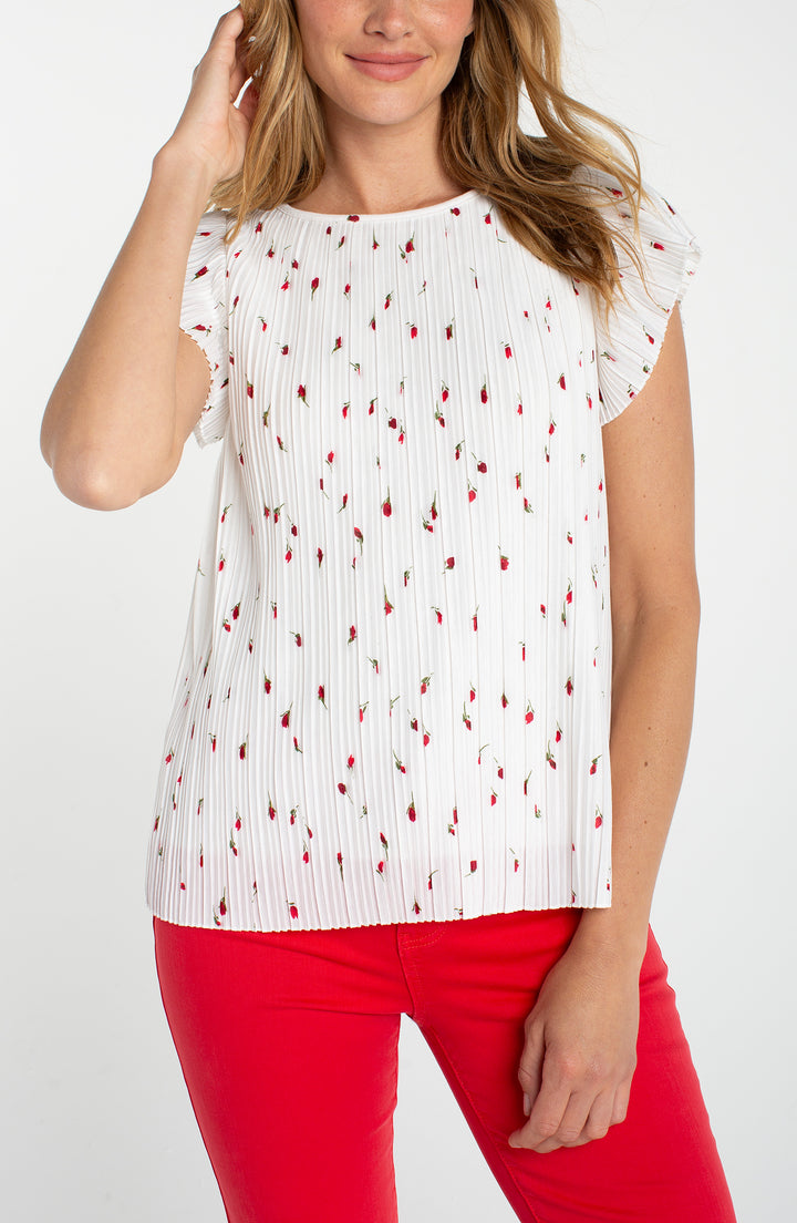 FLUTTER SLEEVE BOAT NECK KNIT TOP - WHITE/RED FLORAL