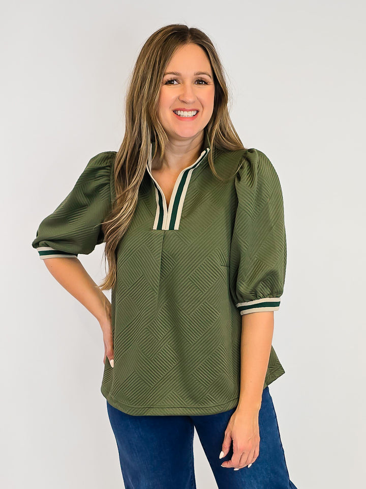 TEXTURED KNIT HALF ZIP TOP W/STRIPE TRIM - OLIVE