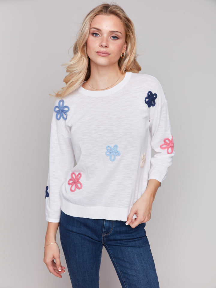 FLOWER PATCH COTTON SWEATER - WHITE