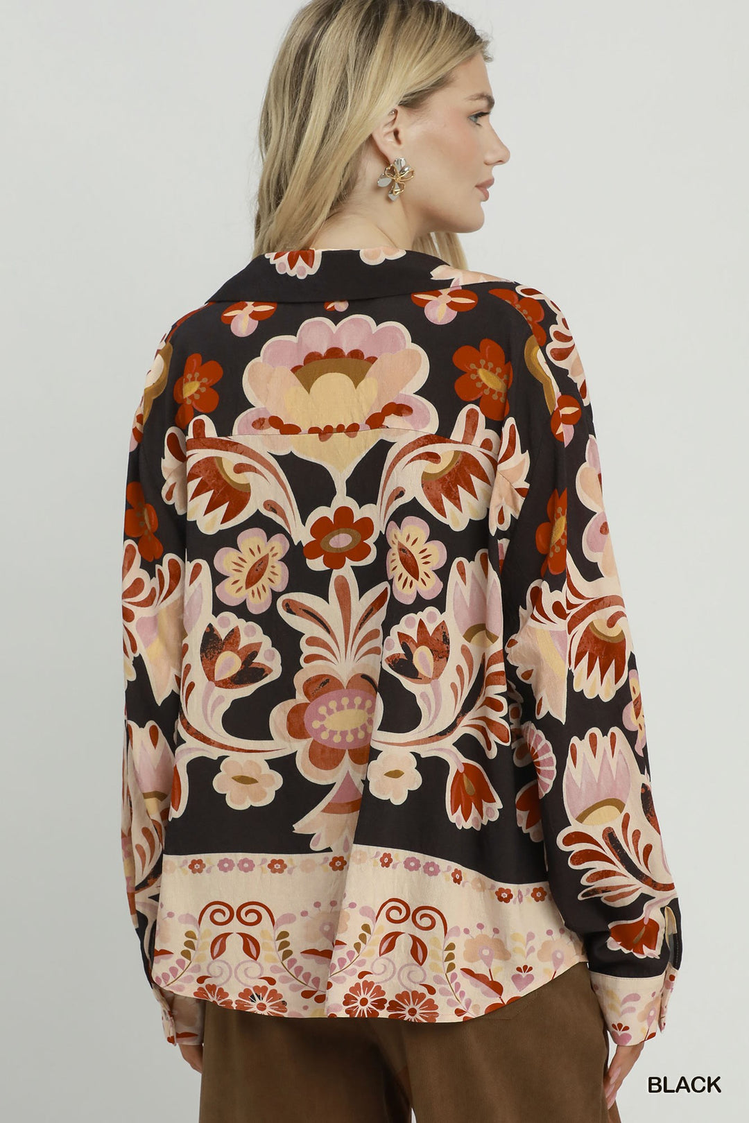 L/S RETRO FLORAL PRINT COLLARED BLOUSE - BLACK