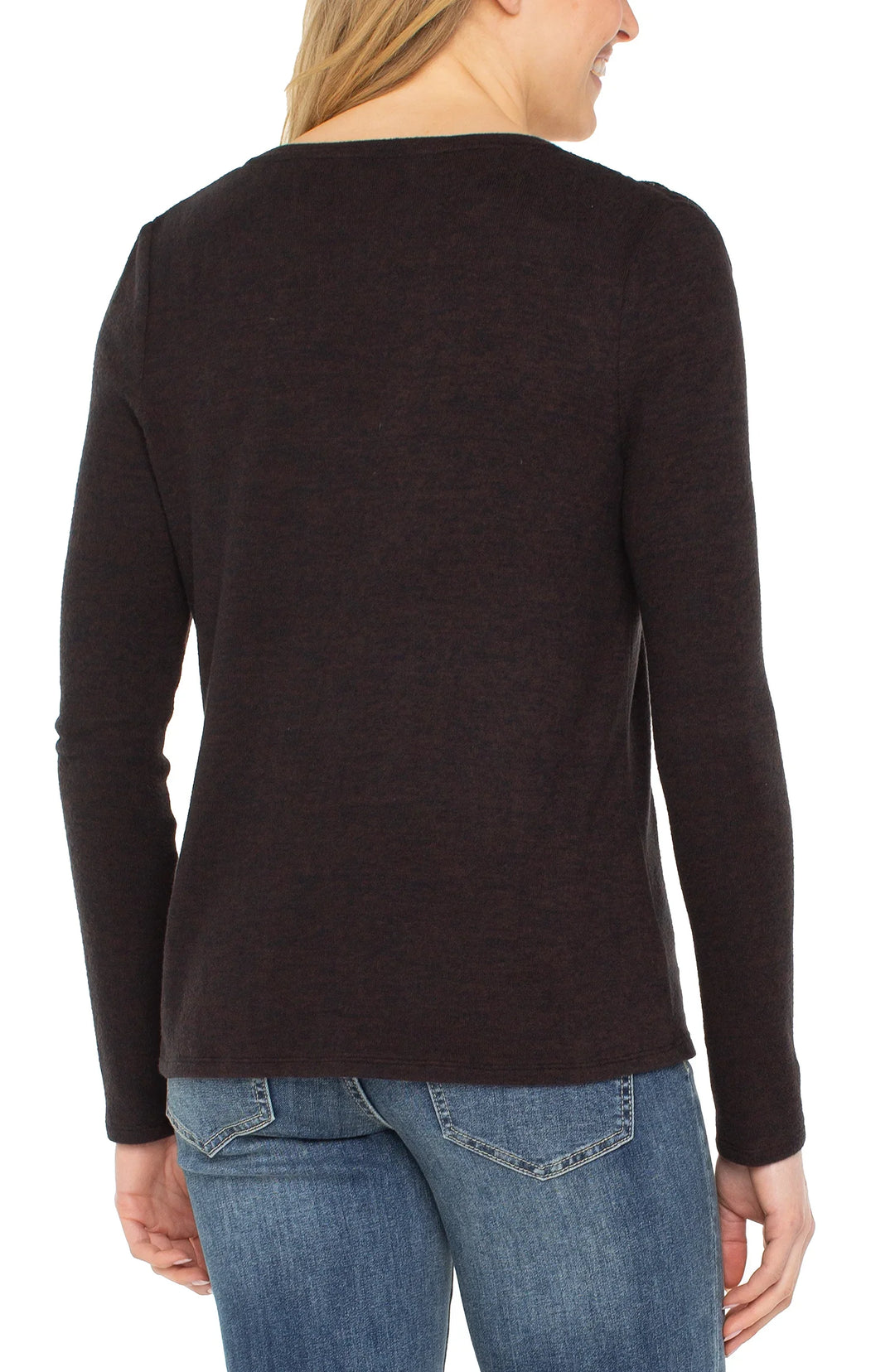 LONG SLEEVE VNECK KNIT TOP W/SHIRRING - JAVA MELANGE
