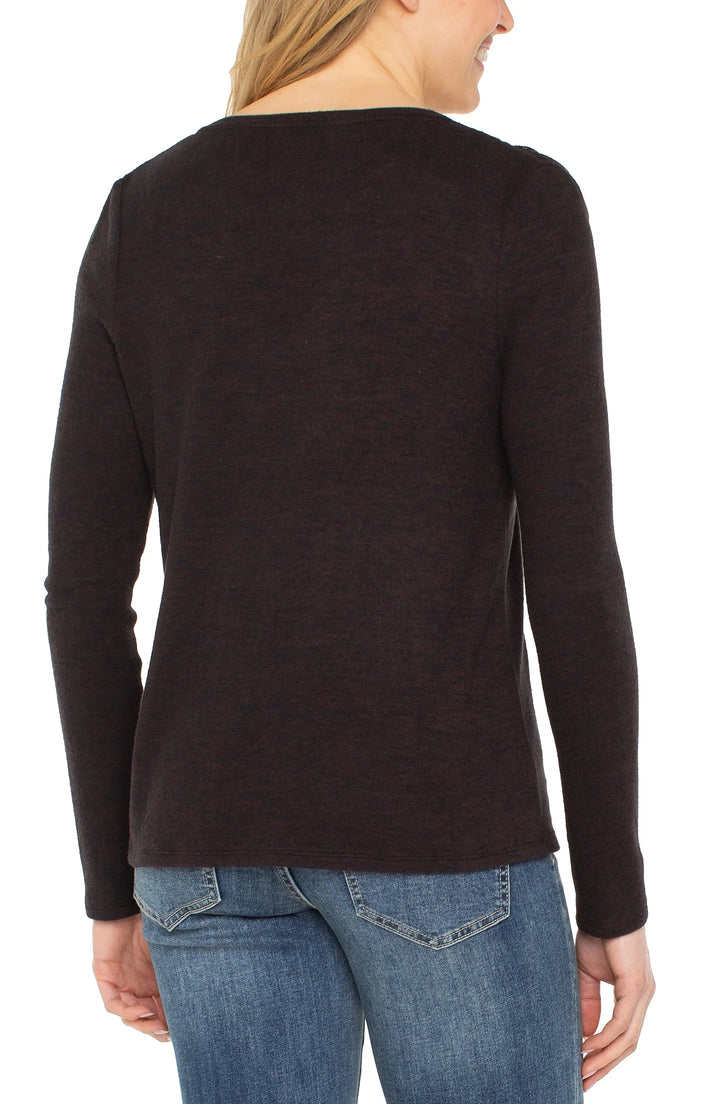 LONG SLEEVE VNECK KNIT TOP W/SHIRRING - JAVA MELANGE
