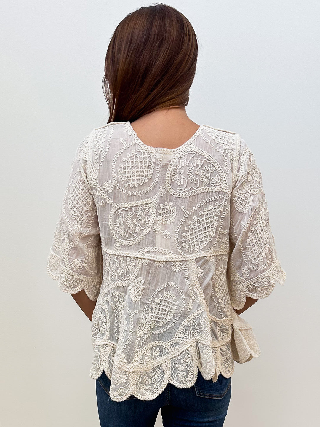 HALF SLEEVE EMBROIDERED BABYDOLL TUNIC - NATURAL