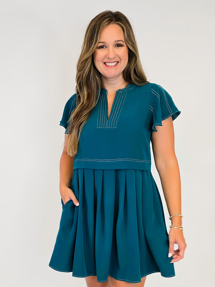 FLUTTER SLEEVE PLEATED SHORT DRESS - TEAL