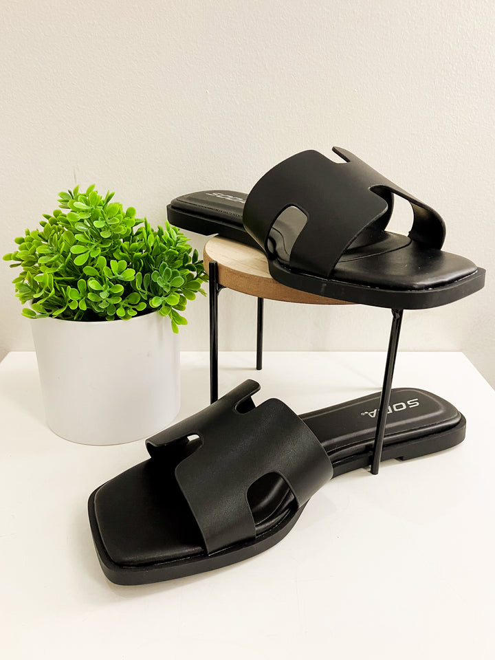 SODA SLIP ON FAUX LEATHER KNIT SANDALS - BLACK