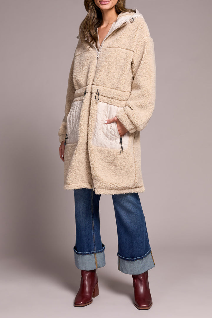 LONG SLEEVE ZIP FRONT COAT W/HOOD - SANDSTONE
