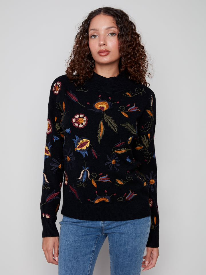 EMBROIDERED MOCK NECK SWEATER - BLACK