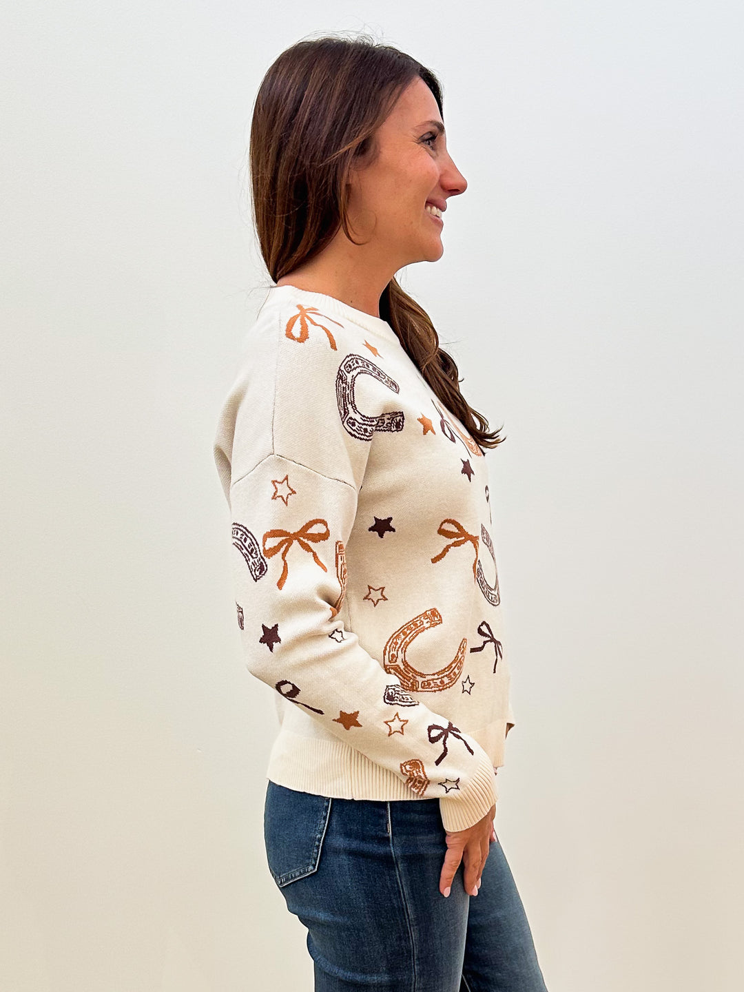 LONG SLEEVE CREW NECK WESTERN JACQUARD TOP - IVORY/CAMEL