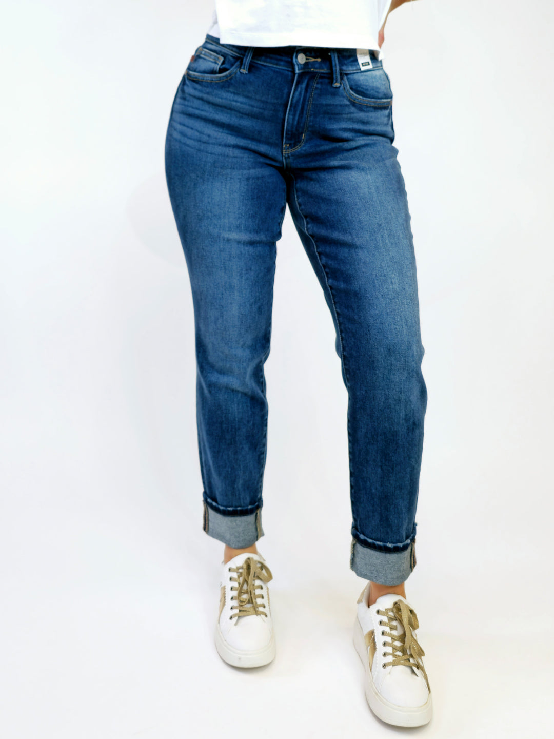 JUDY BLUE MIDRISE VINTAGE WASH W/CUFF BOYFRIEND JEANS - DARK