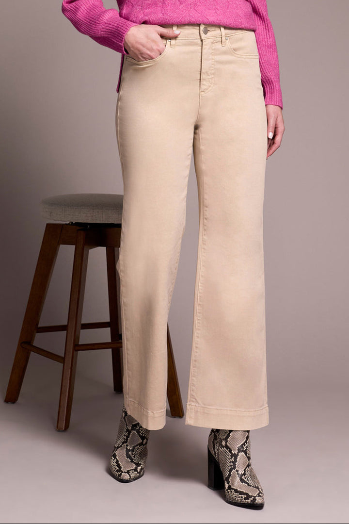 COMFORT STRETCH FLY FRONT WIDE LEG PANTS - SANDSTONE