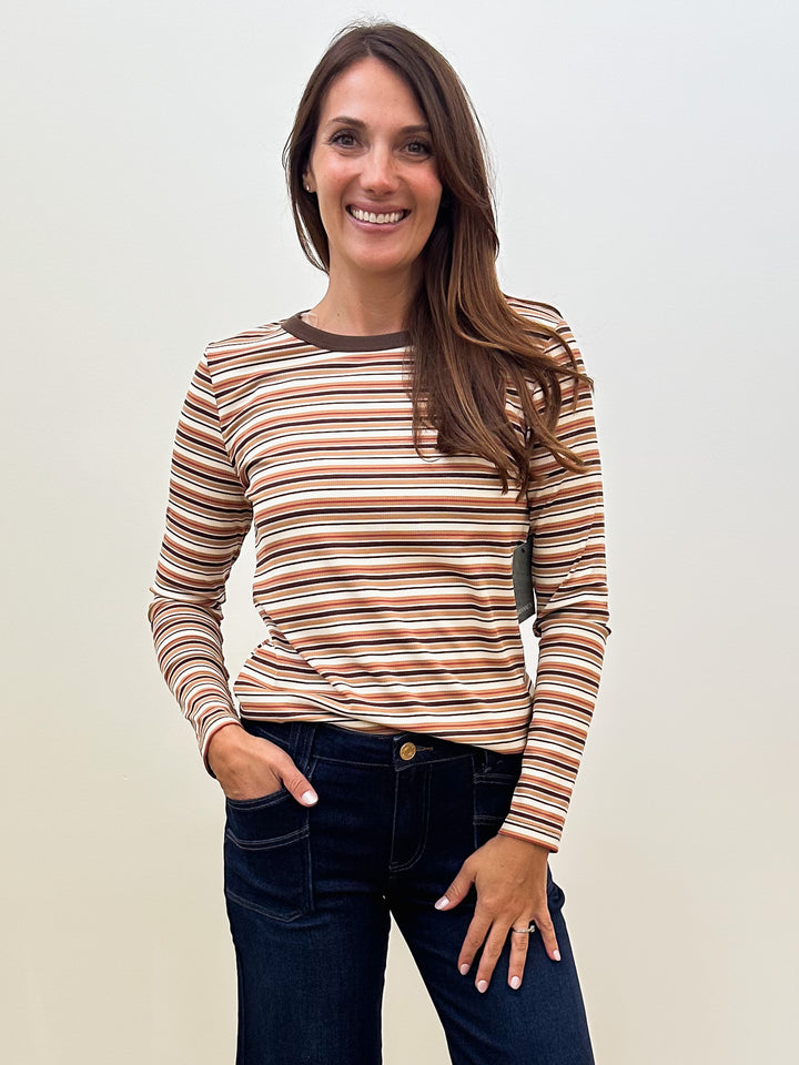 LONG SLEEVE BASIC MULTI RIB STRIPED TOP - CAMEL/IVORY