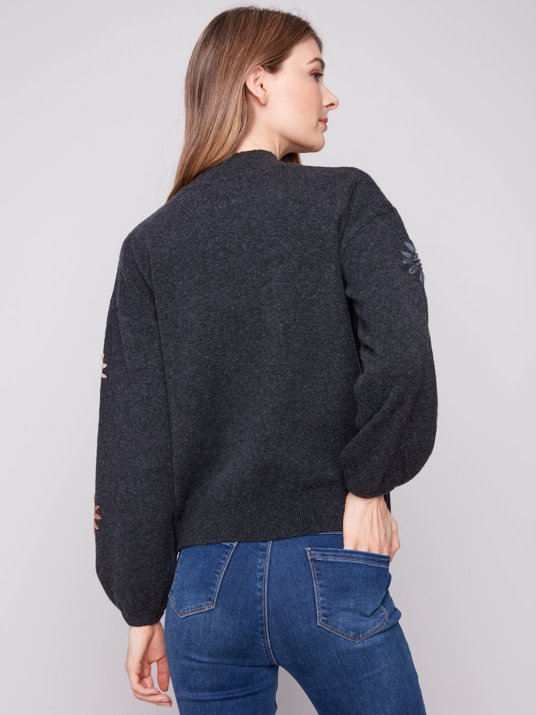 EMBROIDERED MOCK NECK SWEATER - CHARCOAL