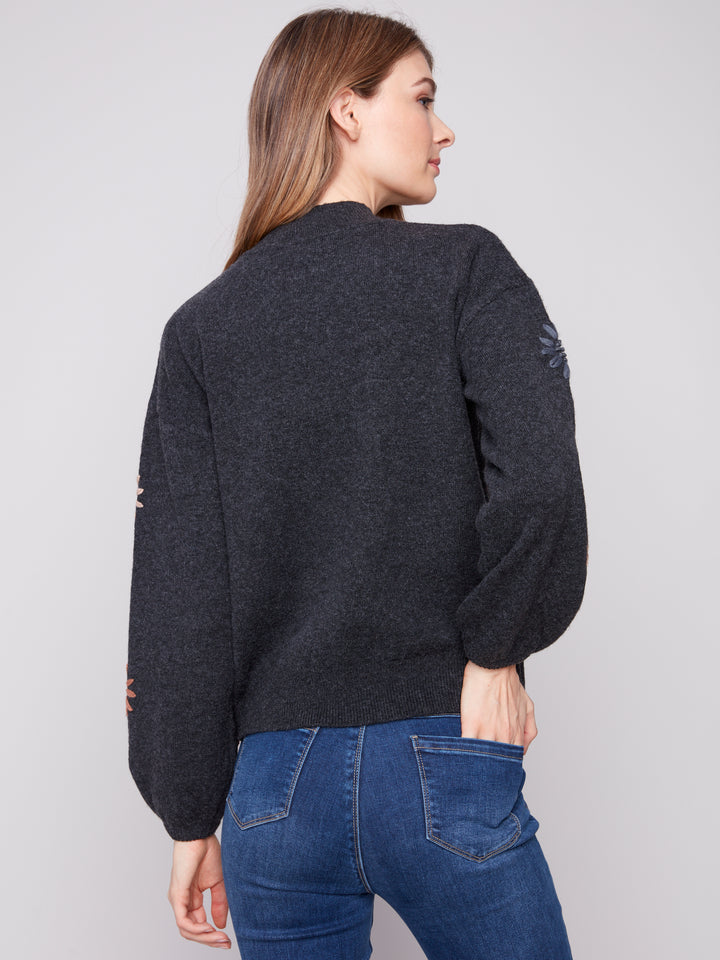 EMBROIDERED MOCK NECK SWEATER - CHARCOAL