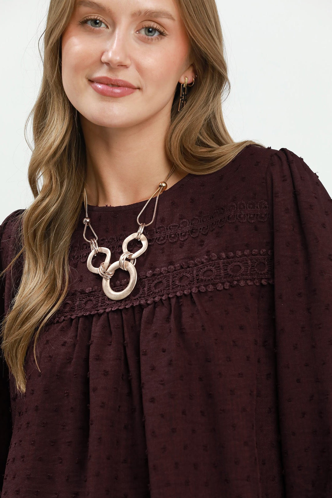 LONG PUFF SLEEVE LACE CROCHET TOP - BURGUNDY