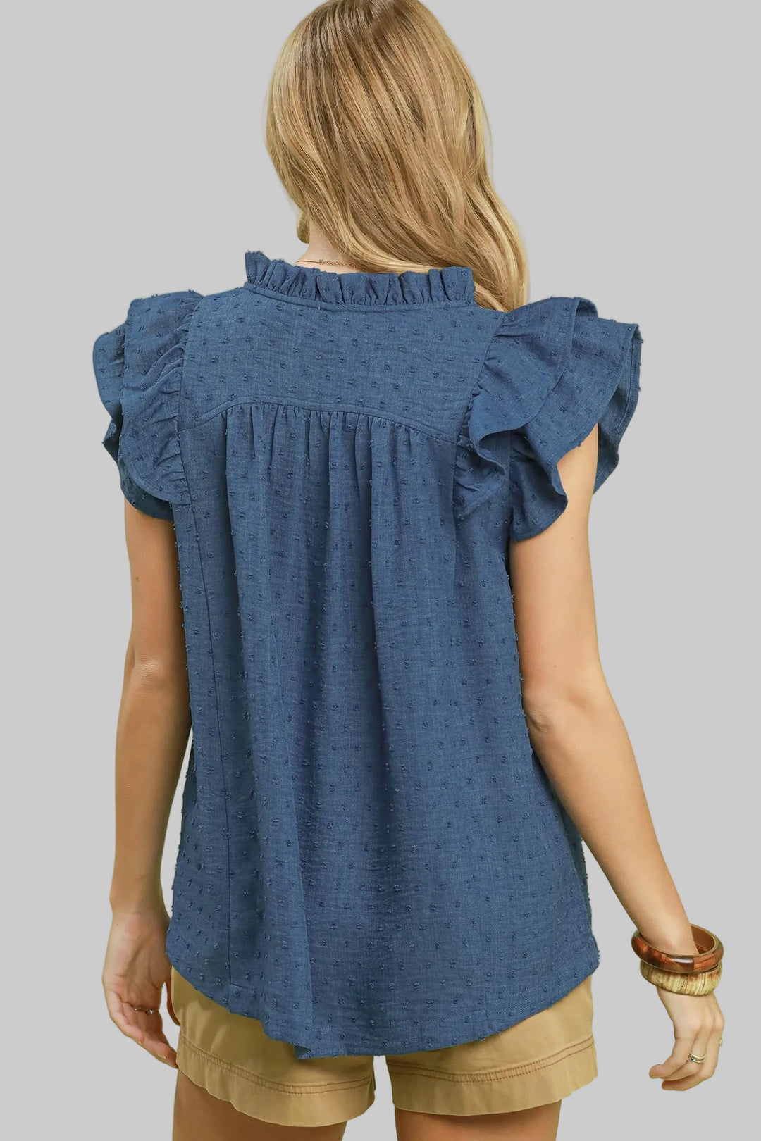 DOUBLE RUFFLE SLEEVE TEXTURED TOP - DENIM