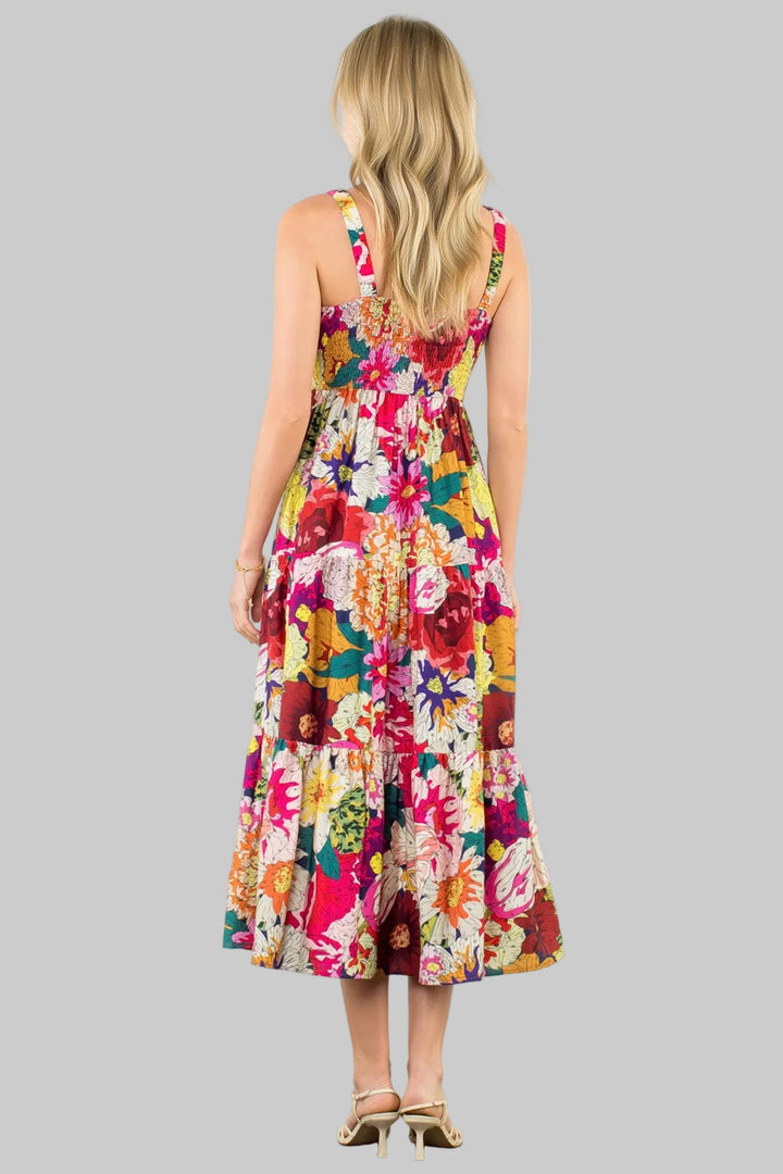 FLORAL TIERED MIDI DRESS - FUCHSIA