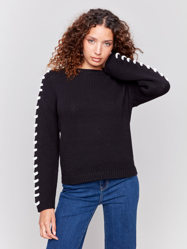 COTTON KNIT SWEATER W/SHOULDER STITCH DETAIL - BLACK