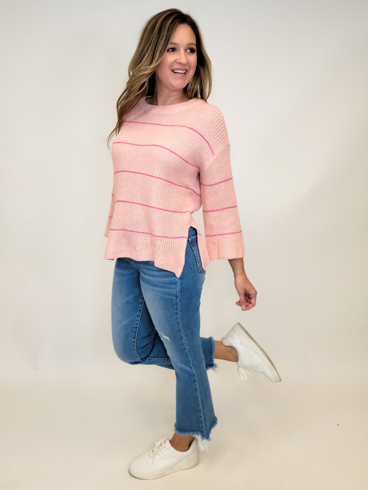 STRIPED WIDE SLEEVE SWEATER - HOT PINK