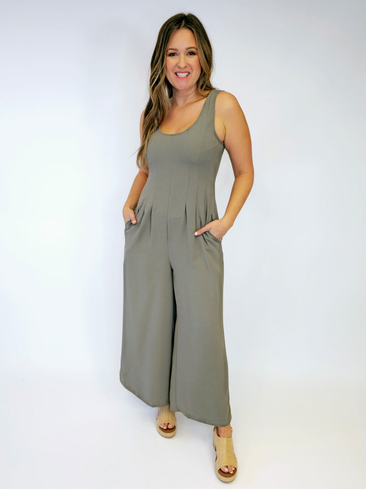 WIDE LEG SLEEVELESS JUMPSUIT - OLIVE