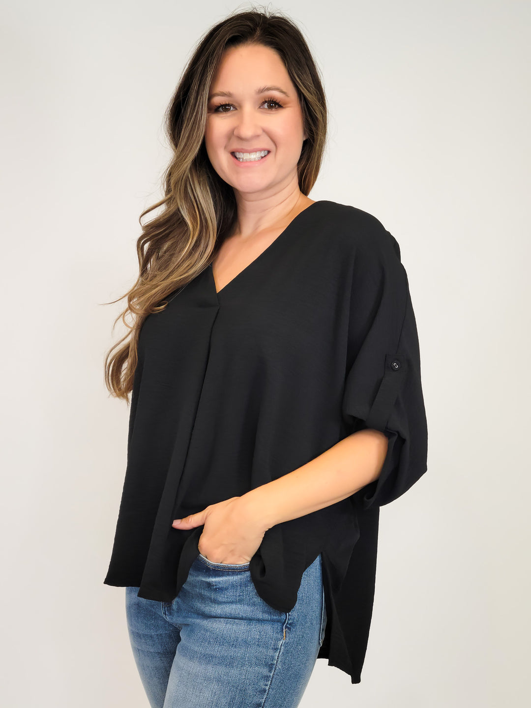 SOLID BOXY BUTTON UP TOP - BLACK