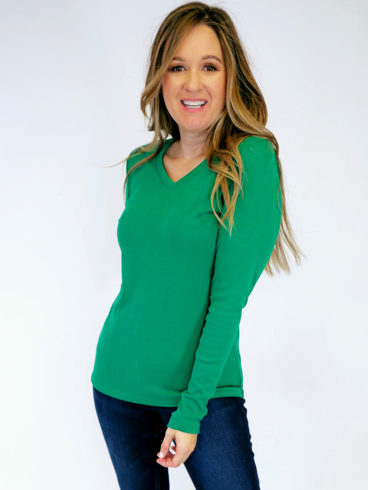 LEAH LONG SLEEVE V-NECK TOP - GREEN