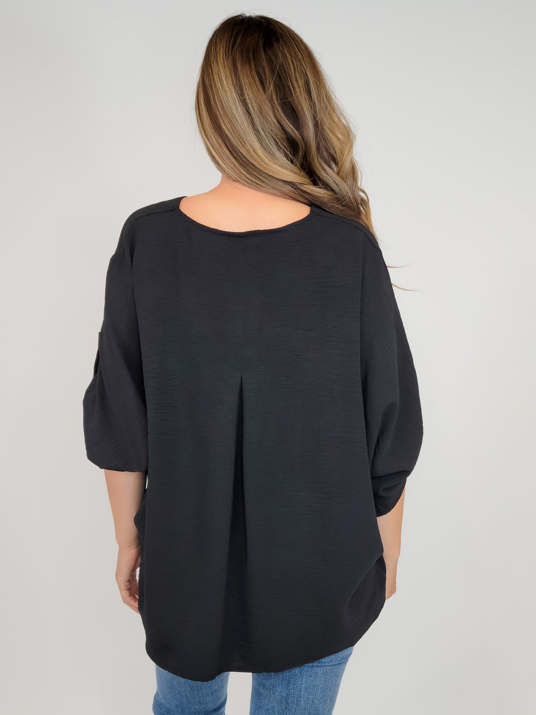 SOLID BOXY BUTTON UP TOP - BLACK