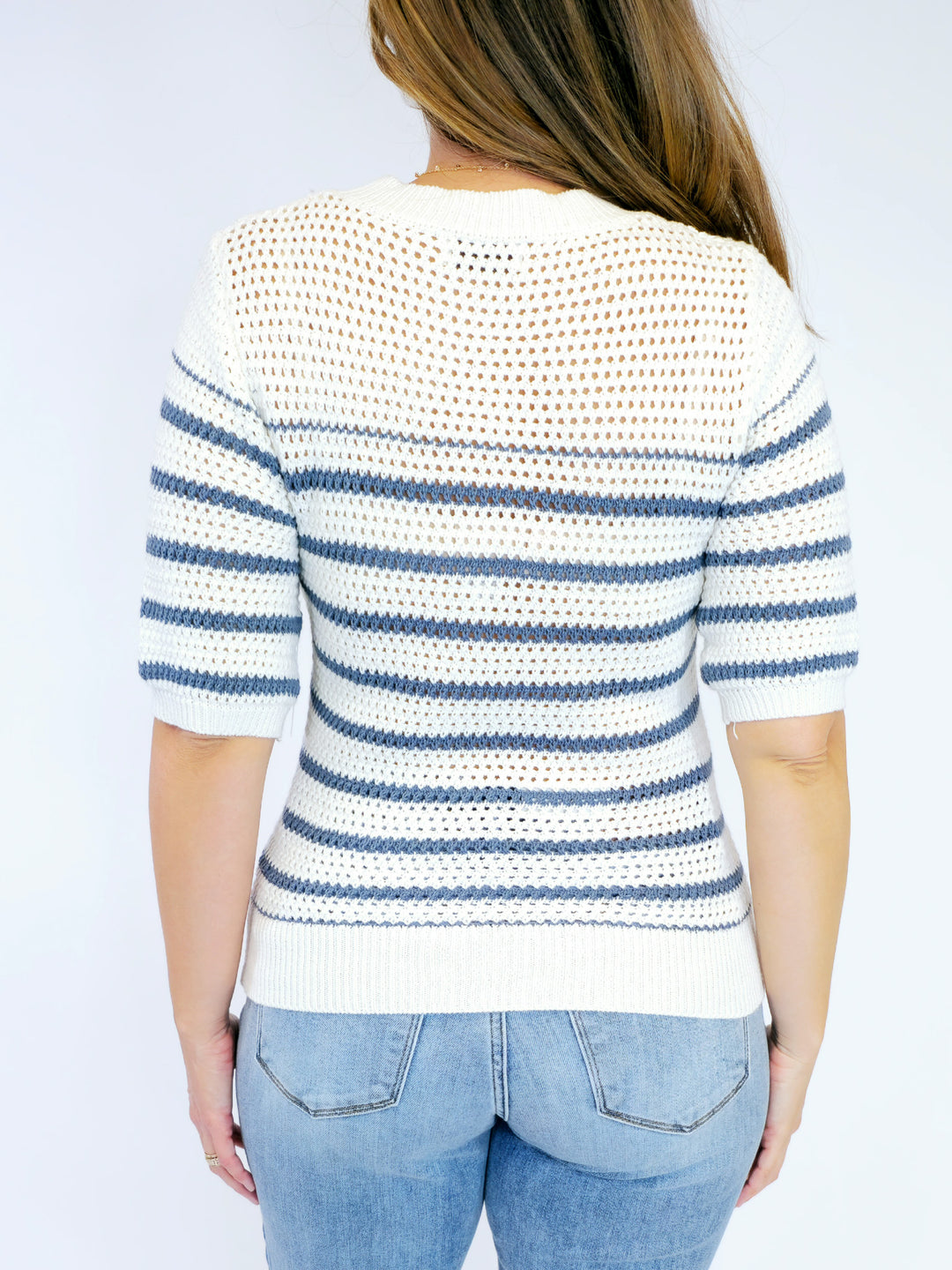 SHORT SLEEVE CROCHET KNIT STRIPED SWEATER - BLUE