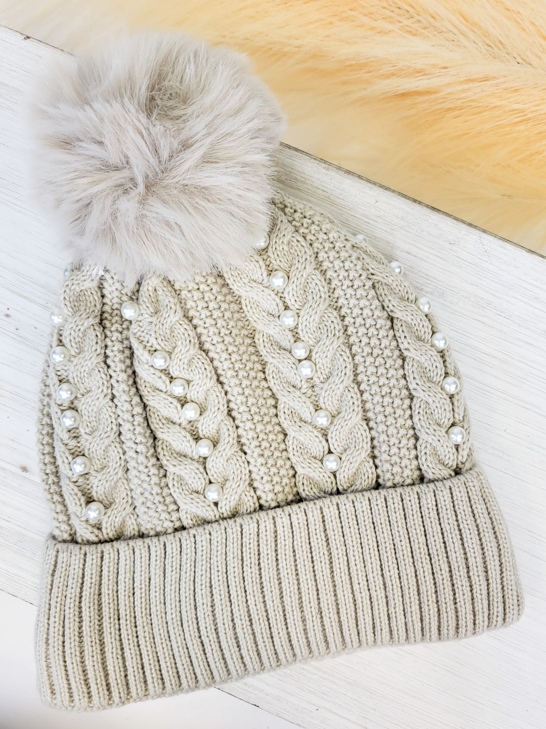 FUR LINING CABLE KNIT HAT W/PEARLS - BEIGE